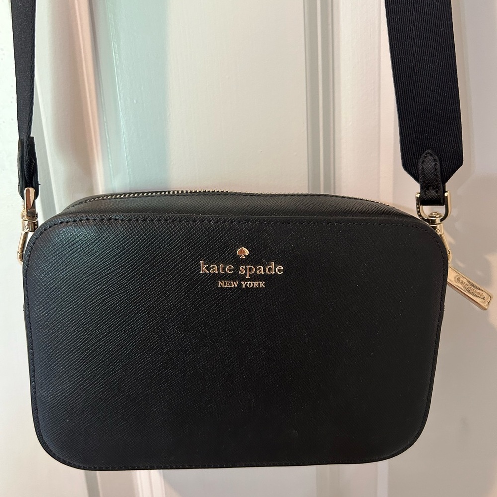 kate spade Black Saffiano Camera Crossbody with Gold Hardware
